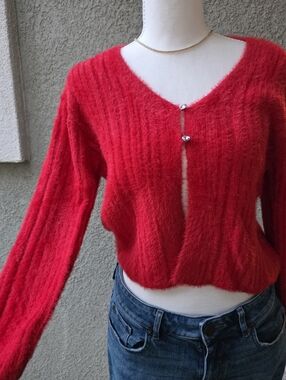 Cozy Red Fuzzy V-Neck Crop Cardigan with Rhinestone Buttons